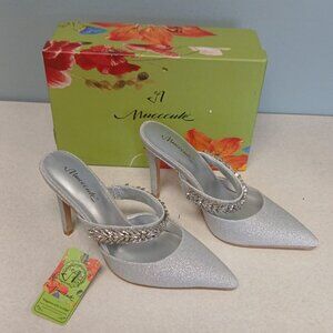 Mucccute Silver Rhinestone Strap High Heeled Mules Pointed Dressy Size US 7 NEW